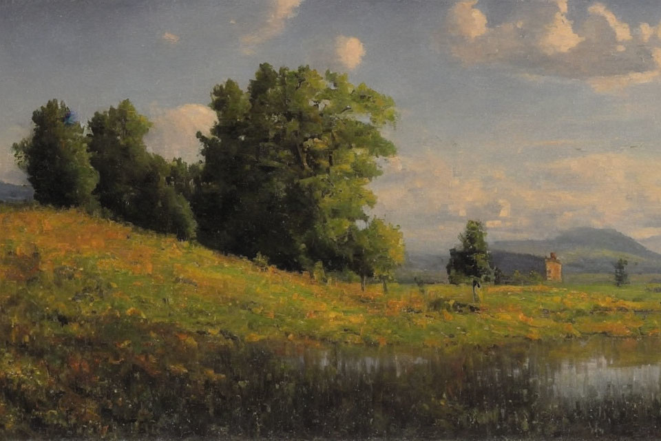 Tranquil landscape painting of lush hill, figure, water body, and soft sky