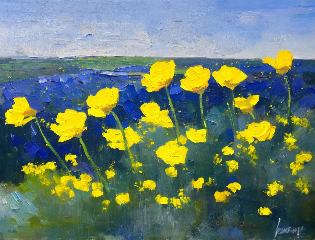 Yellow Flowers in Textured Oil Painting with Blue and Green Landscape