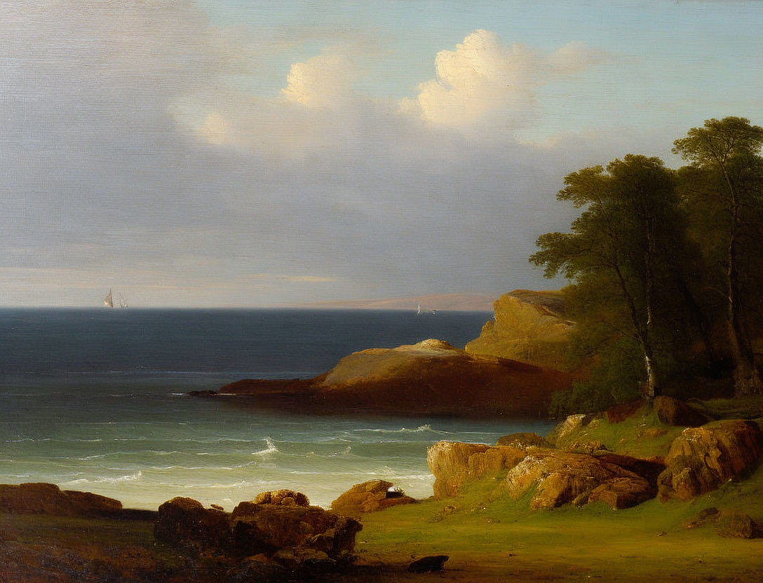 Tranquil coastal landscape with rocky shores, calm sea, sailboats, and green trees