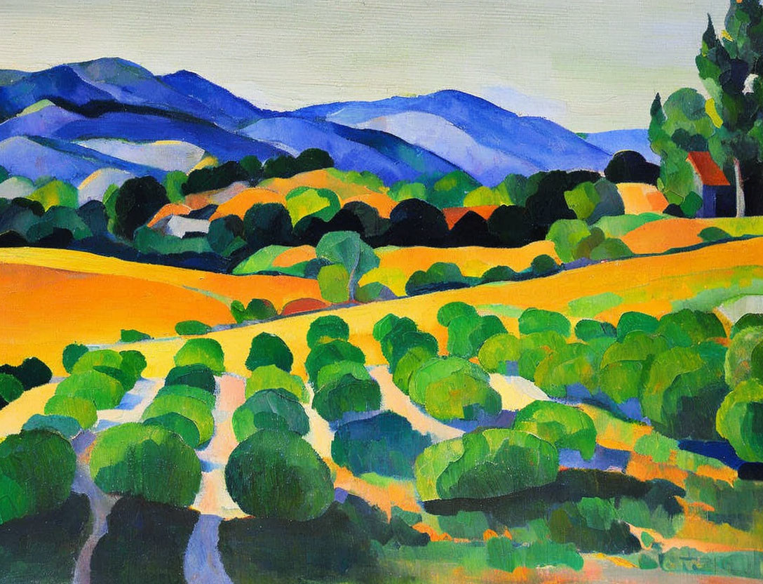 Vibrant landscape painting with hills, trees, mountains, and sunny sky