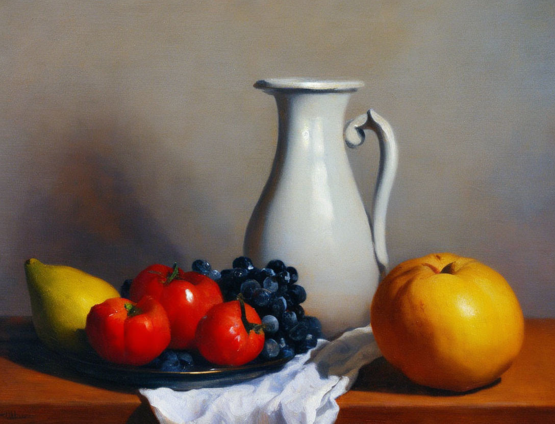 Traditional still life painting with white jug, fruits, and plate on table