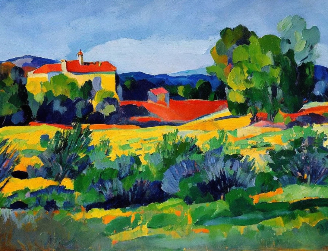 Colorful rural landscape painting with yellow field, red roof buildings, and lush green trees under blue sky