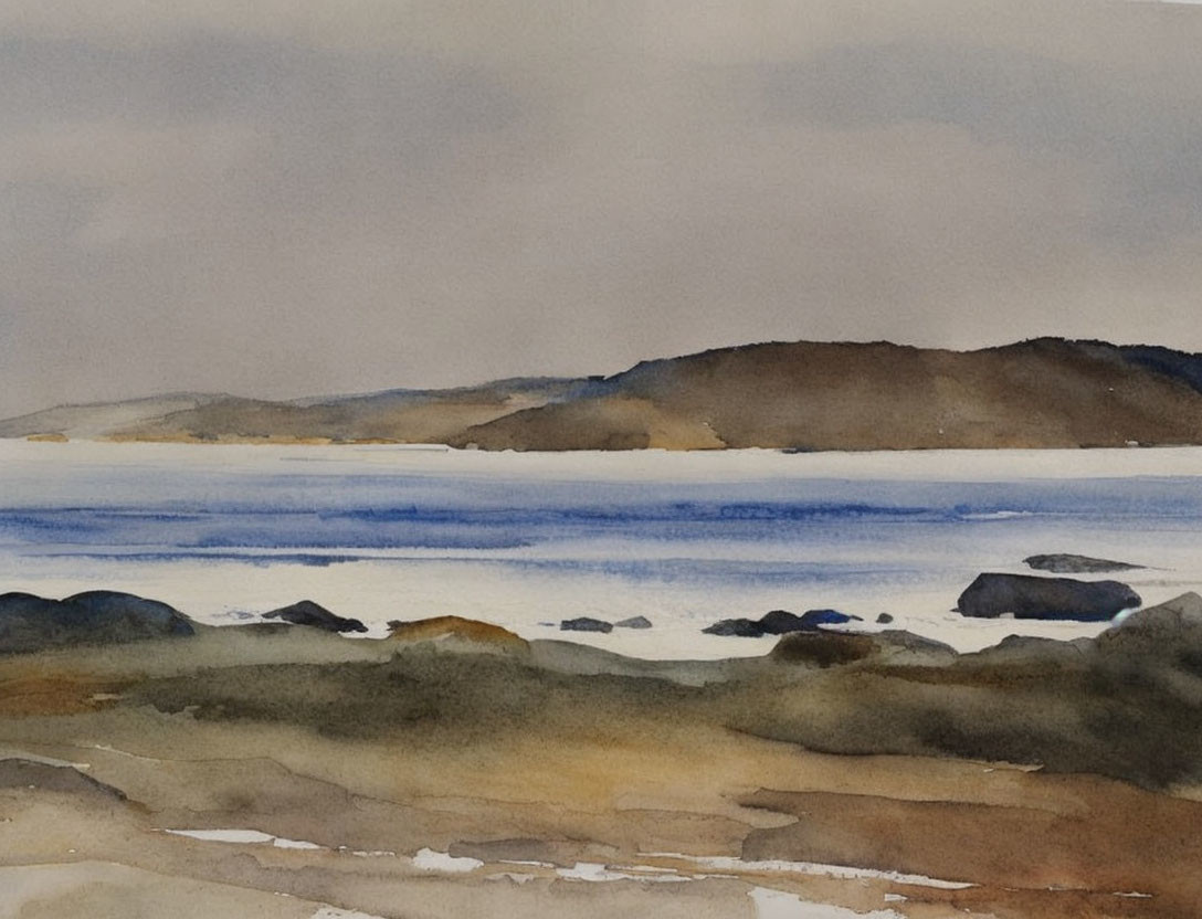 Tranquil Watercolor Landscape: Hills, Blue Water, Rocky Foreground