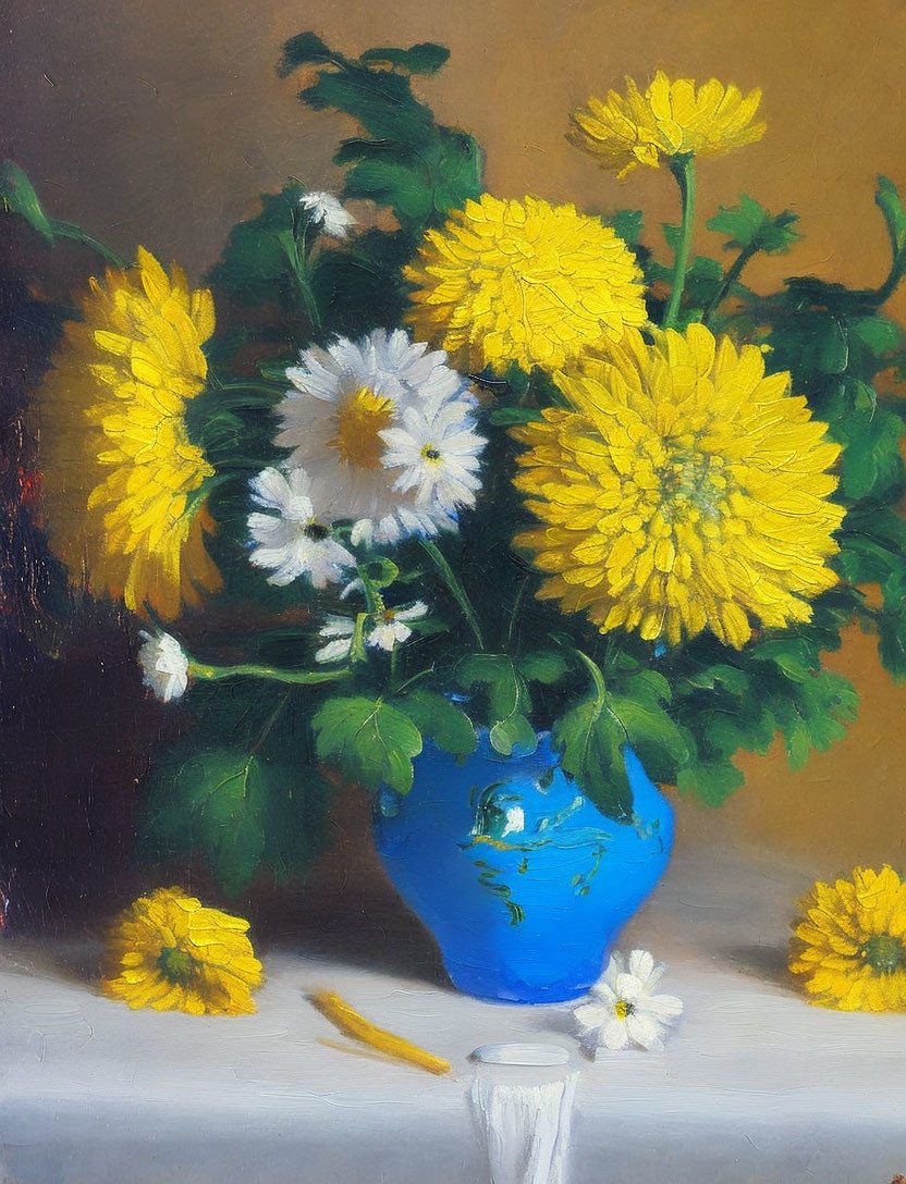 Vibrant yellow flowers and white daisies in blue vase with pencil