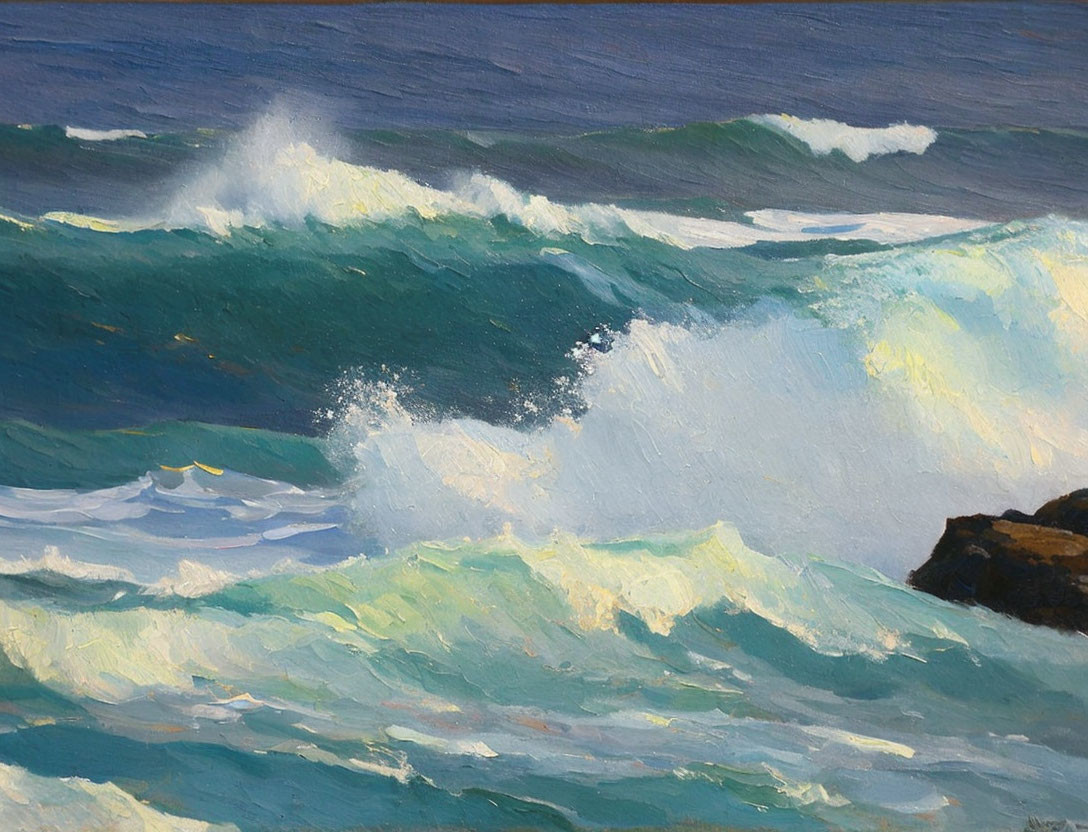 Vivid painting of tumultuous sea waves crashing against rocks