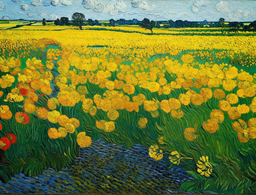 Colorful painting of yellow flowers, blue sky, and distant houses with bold brushstrokes