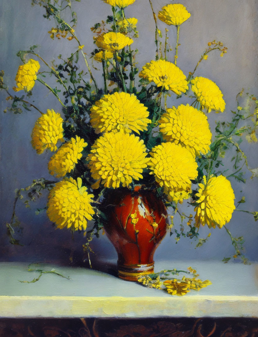 Vibrant yellow chrysanthemums in rustic red vase on tabletop