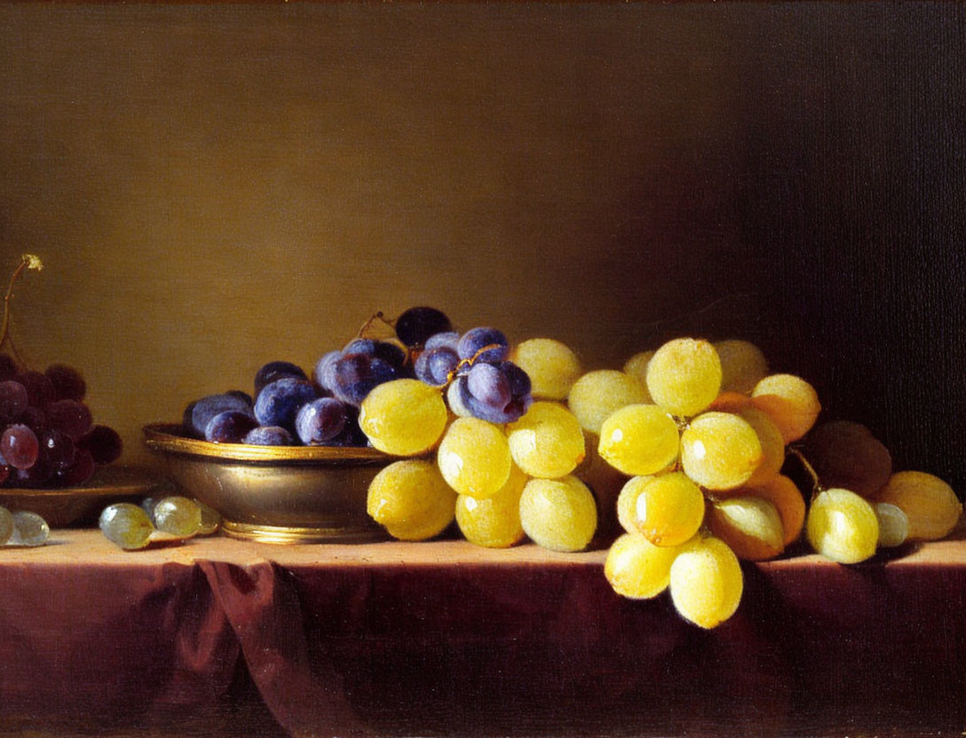 Dark Purple and Yellow Grapes Still Life Painting with Metallic Bowl