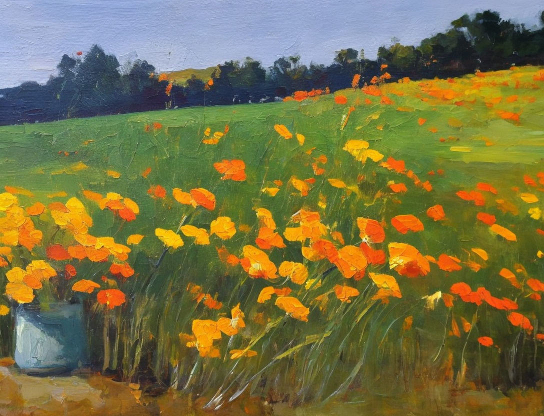 Vibrant oil painting of orange poppies in green landscape