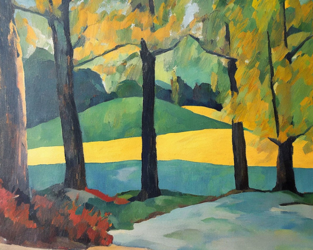 Colorful Autumn Landscape Painting with Yellow and Green Trees