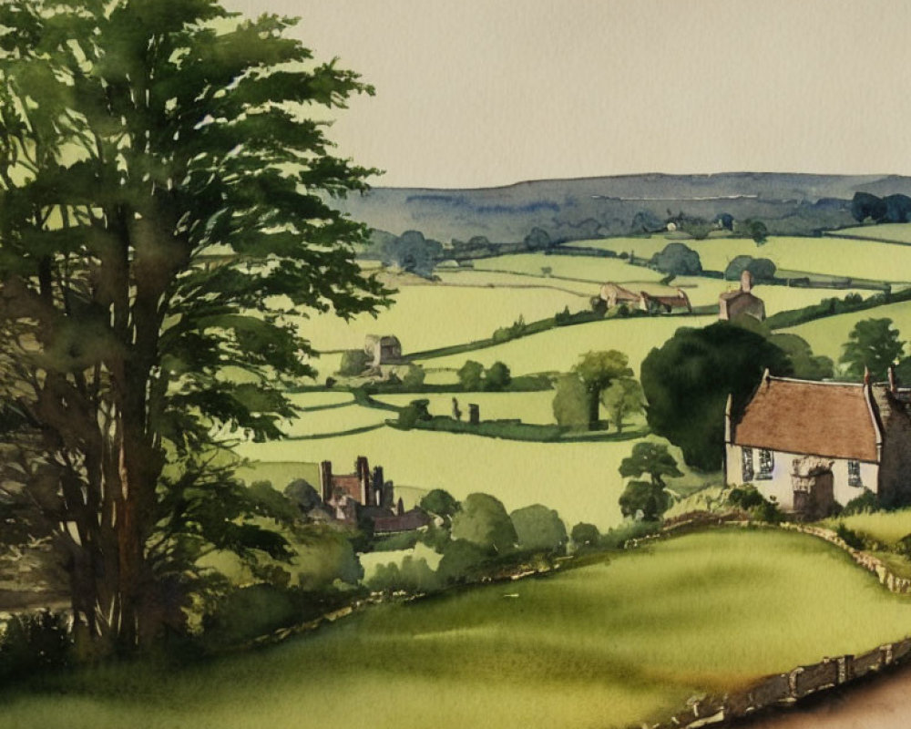 Tranquil countryside landscape with tree, road, cottages, fields, hills