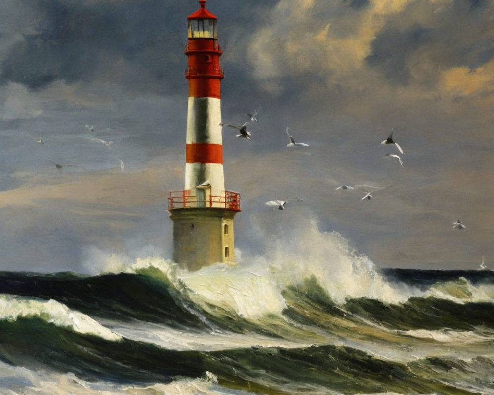 Red and white lighthouse in stormy seas with seagulls - dramatic painting