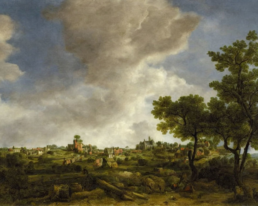 Classic Landscape Painting of Rural Village with Dramatic Sky & Figures