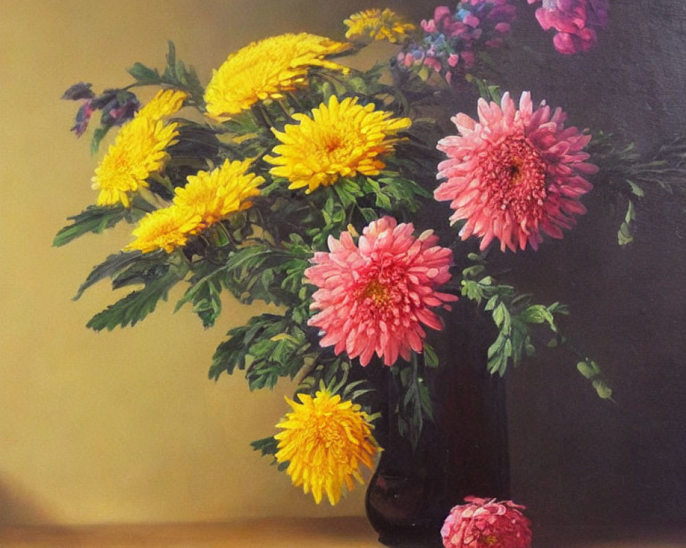 Yellow and Pink Flower Bouquet in Dark Vase Still Life Painting