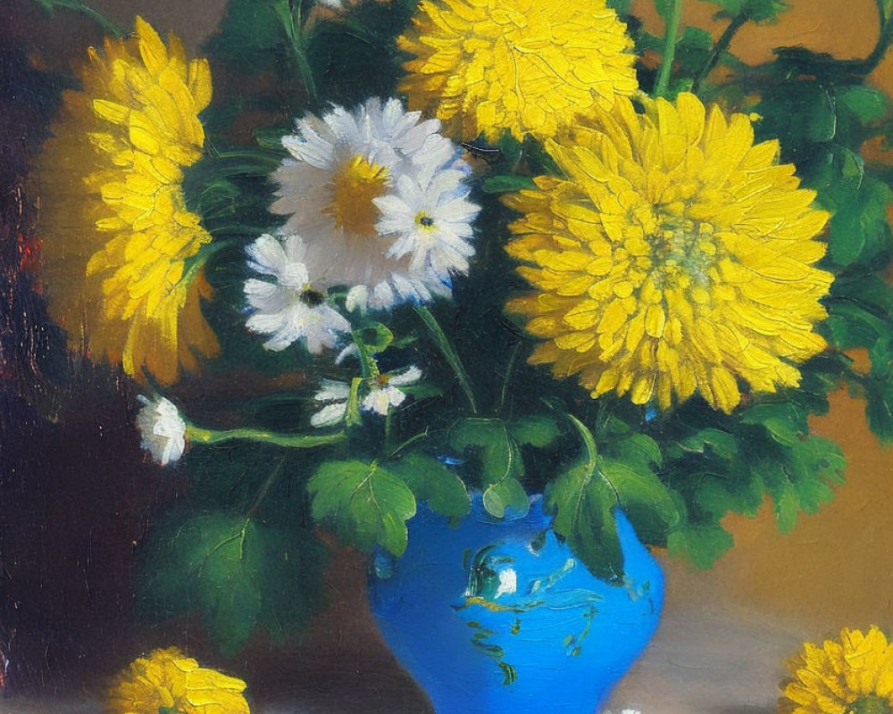 Vibrant yellow flowers and white daisies in blue vase with pencil