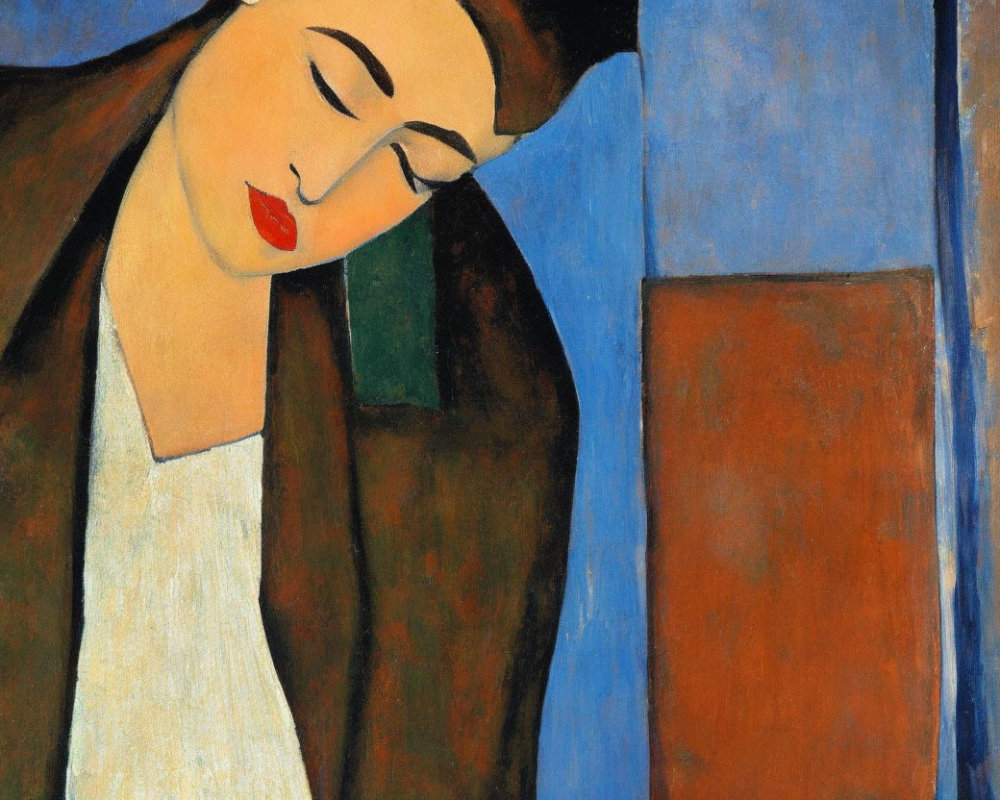 Close-up Painting: Woman with Closed Eyes, White Collar, Red Lips on Abstract Blue and Brown