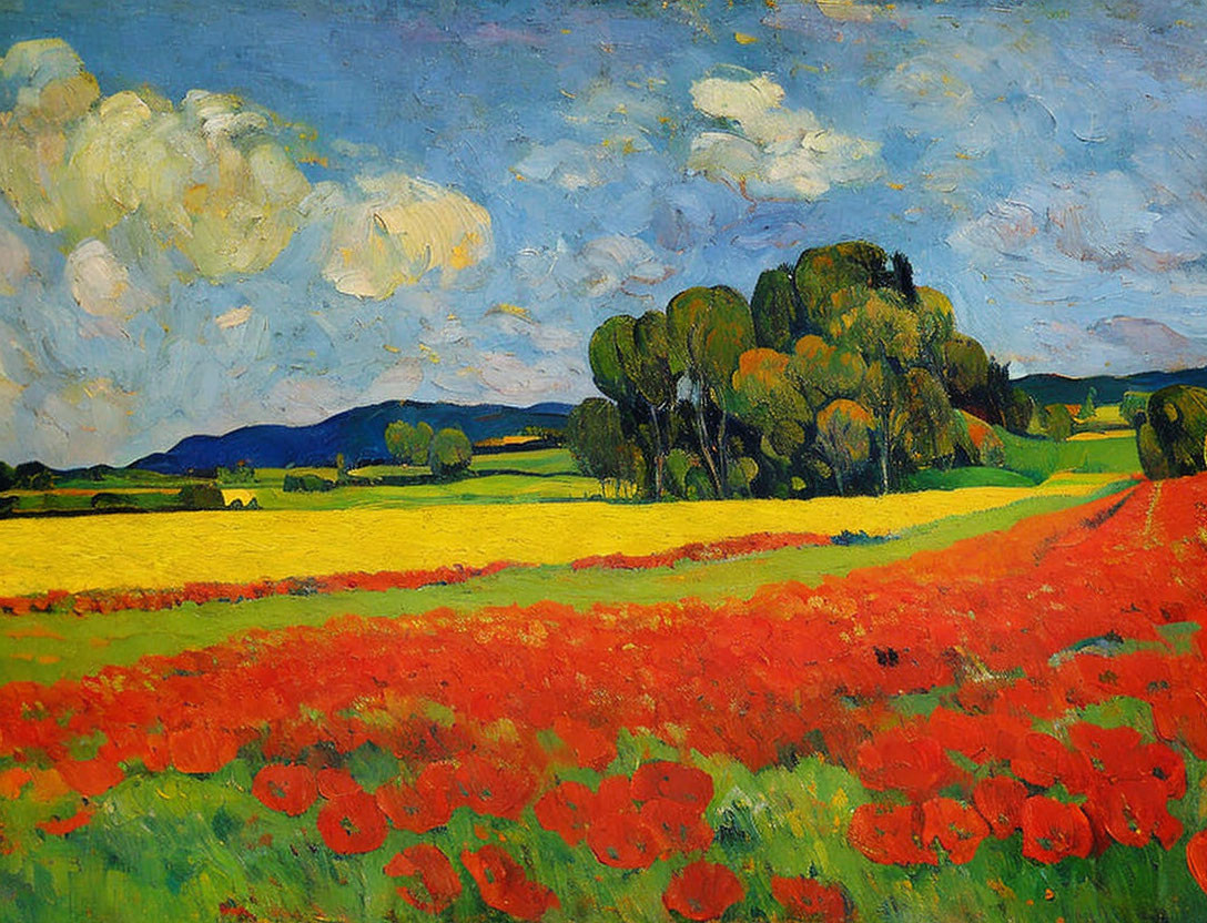 Colorful landscape painting with red poppies, green trees, golden meadows, and blue sky.