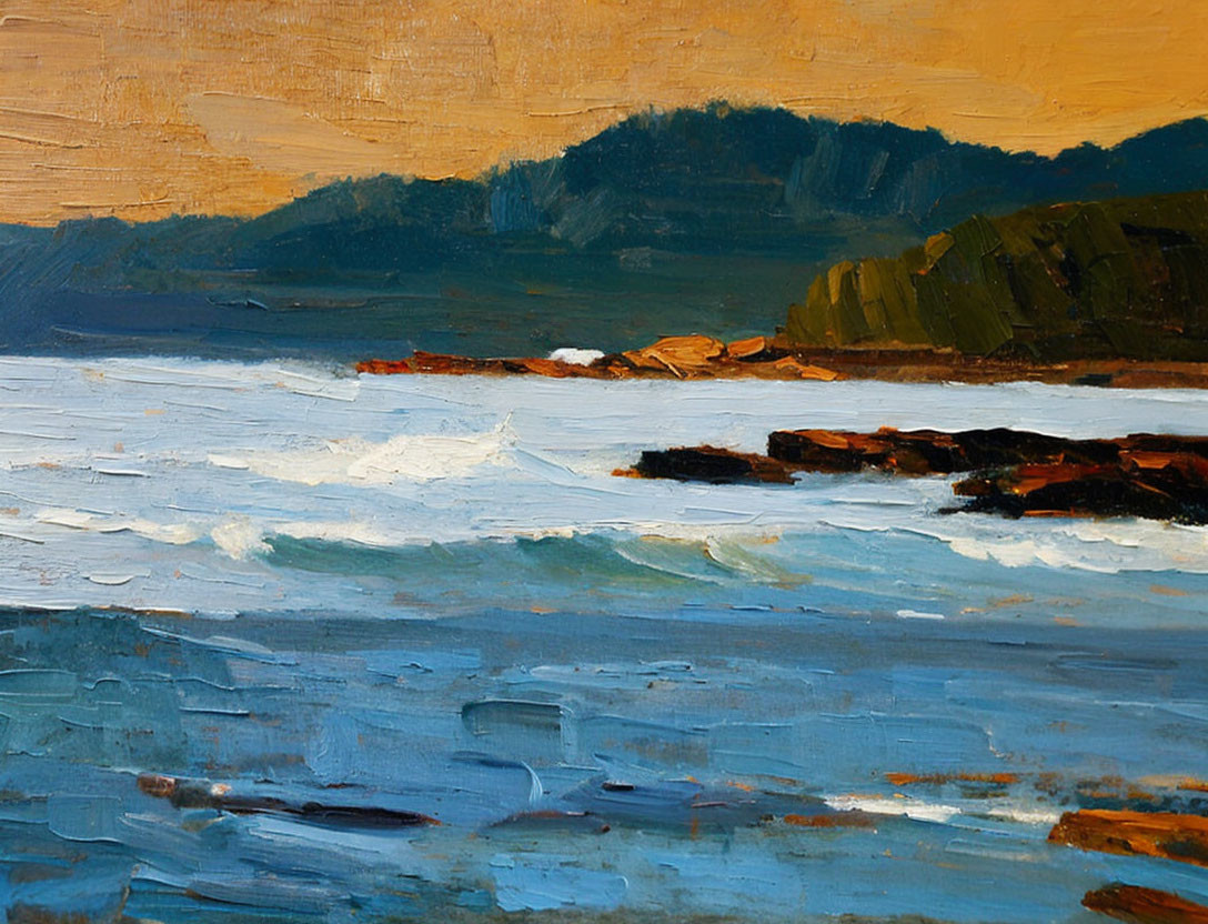 Vibrant coastal scene with waves, mountains, and clear sky