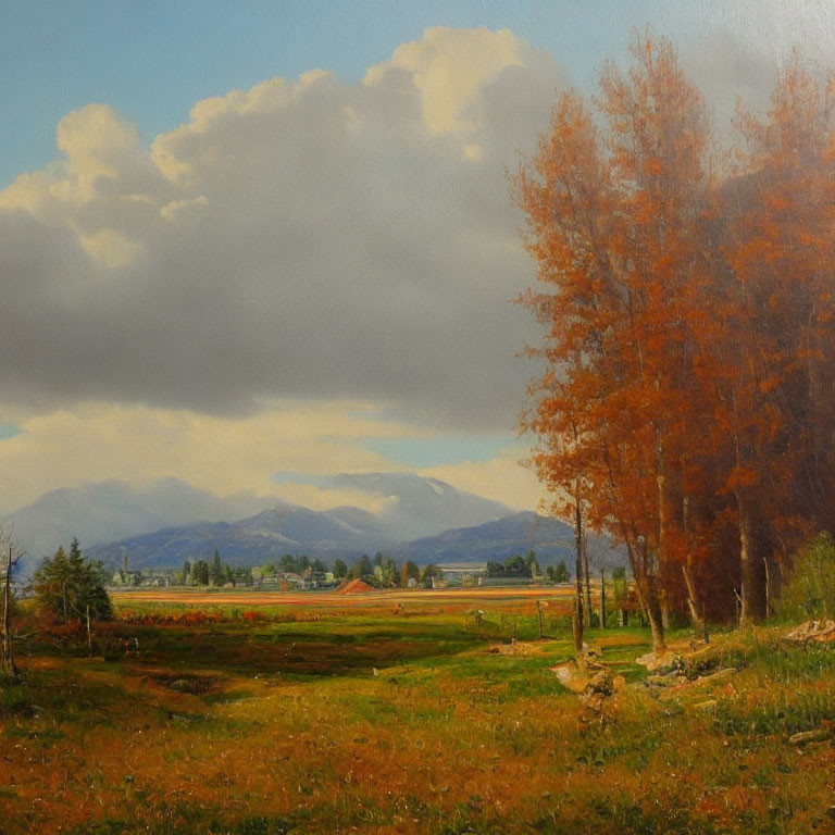 Scenic autumn landscape with golden trees, field, and mountains