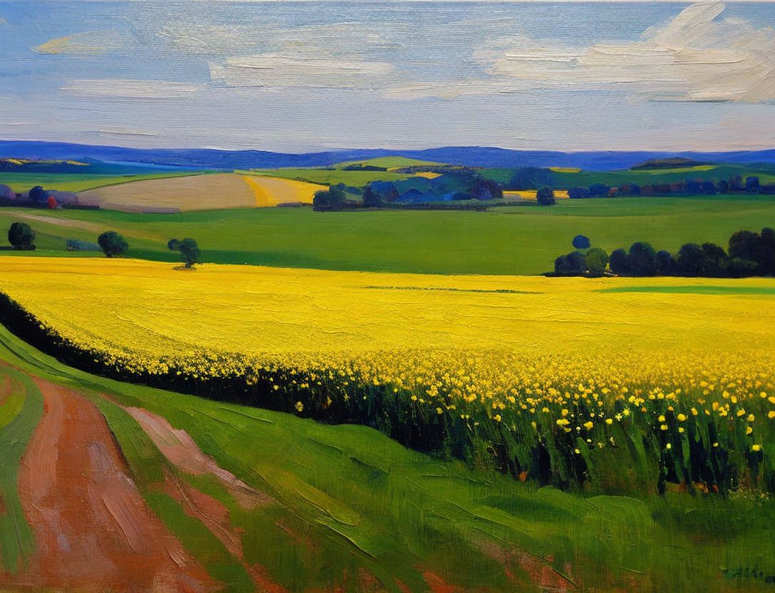 Colorful Landscape Painting with Yellow Flower Field and Blue Sky