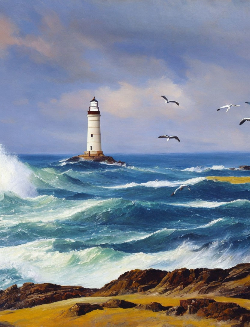 Coastal painting: lighthouse, rocky outcrop, crashing waves, seagulls, cloudy