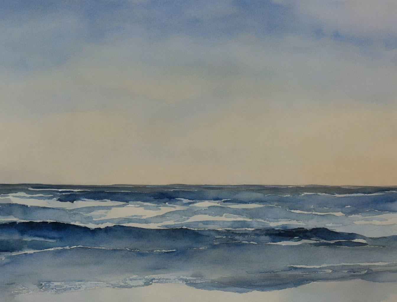 Tranquil watercolor painting of blue waves and soft sky