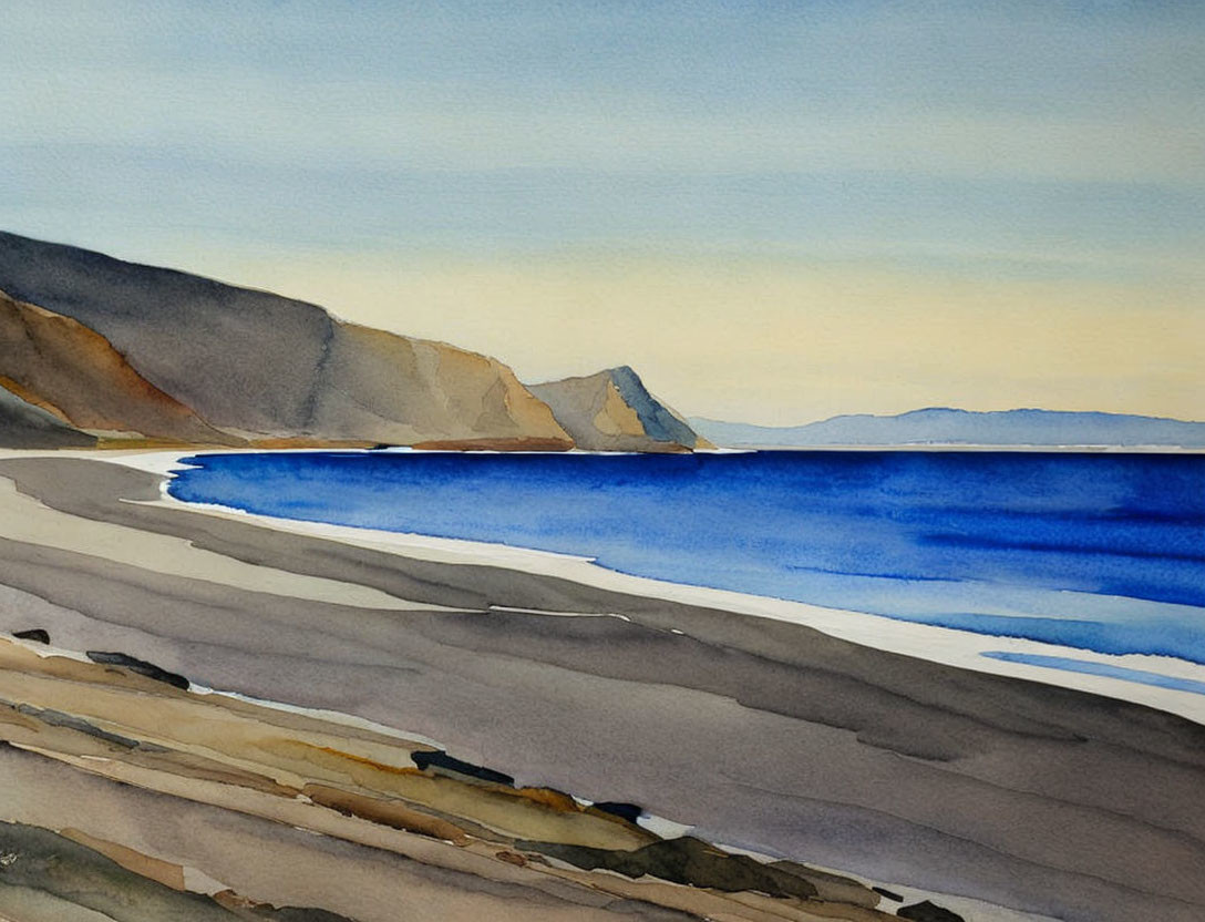 Tranquil beach watercolor with cliffs and calm blue waters