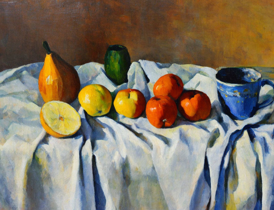 Classic Still Life Painting with Fruits and Blue Cup on Draped Cloth