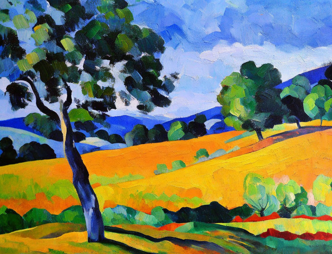 Vibrant landscape painting with stylized trees and rolling hills