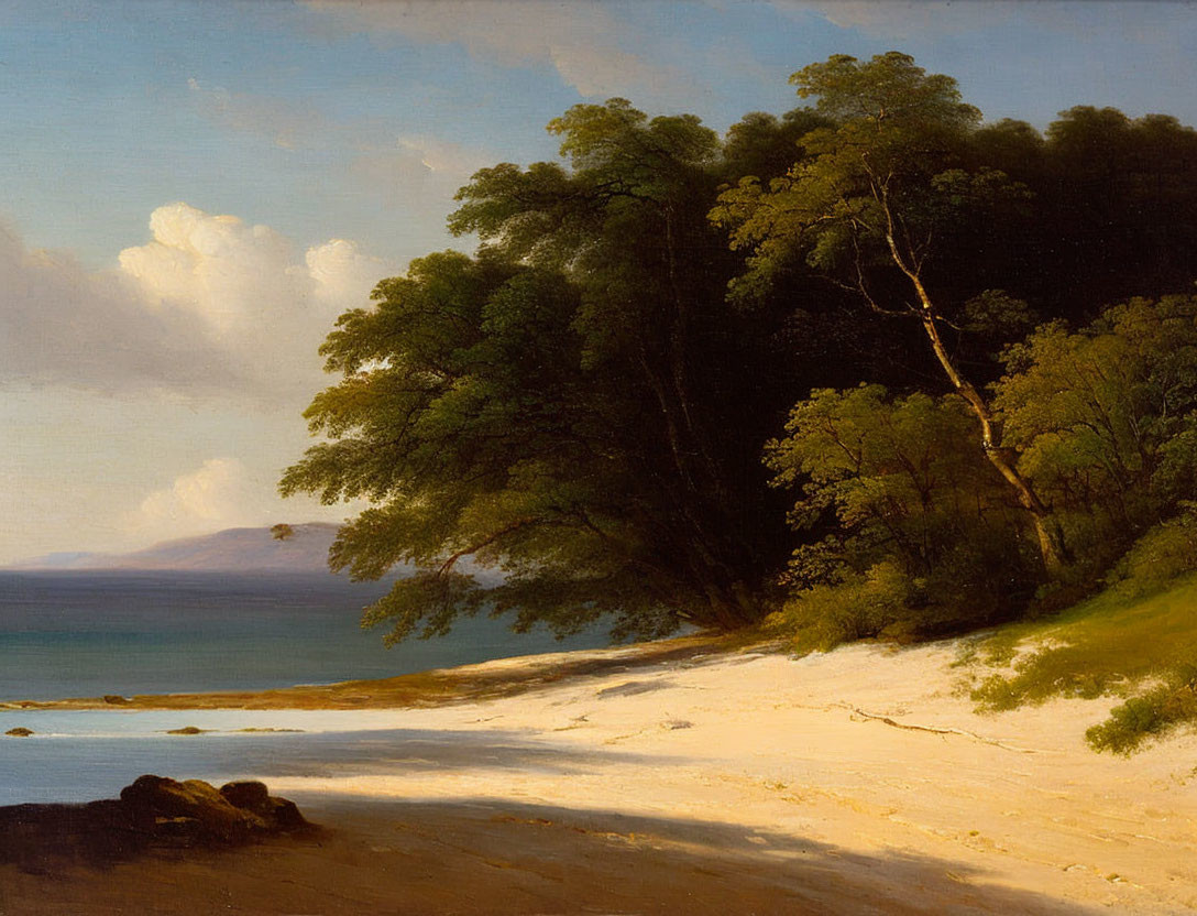 Tranquil beach scene with lush trees, calm waters, and golden sandy shore