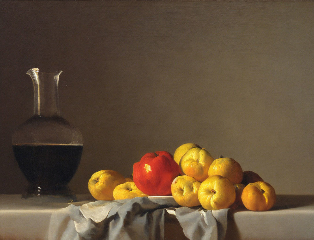 Classic Still Life Painting with Jug, Fruit, and Pepper