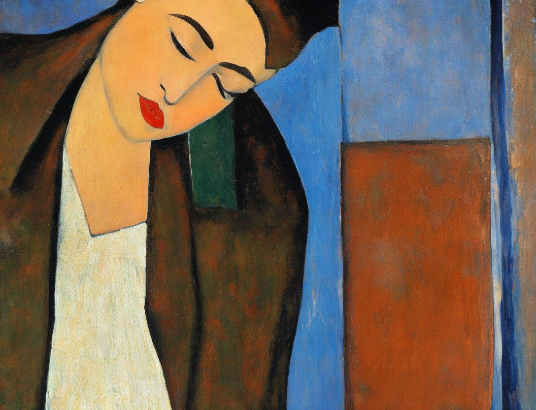 Close-up Painting: Woman with Closed Eyes, White Collar, Red Lips on Abstract Blue and Brown