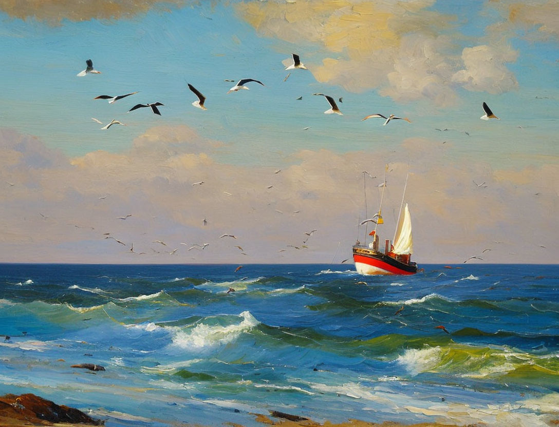 Red and White Boat Sailing on Blue Seas with Seagulls in Cloudy Sky