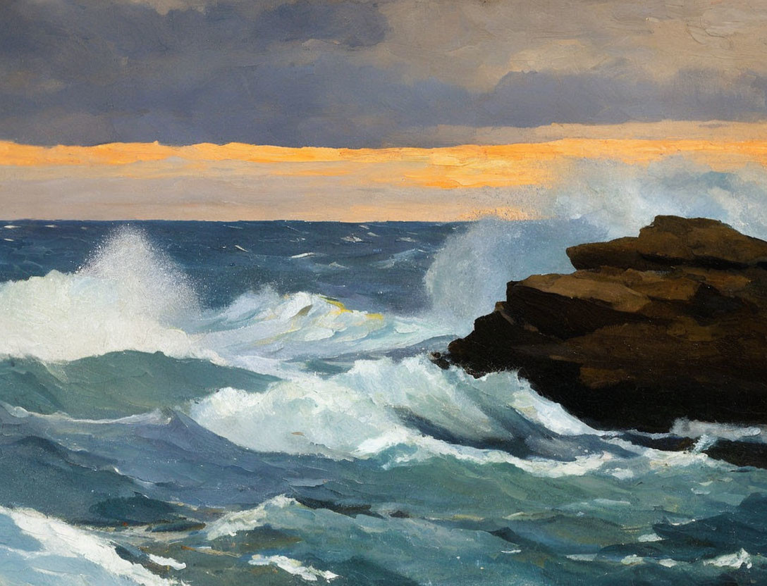 Stormy Sea Painting: Waves Crashing on Rock at Sunset