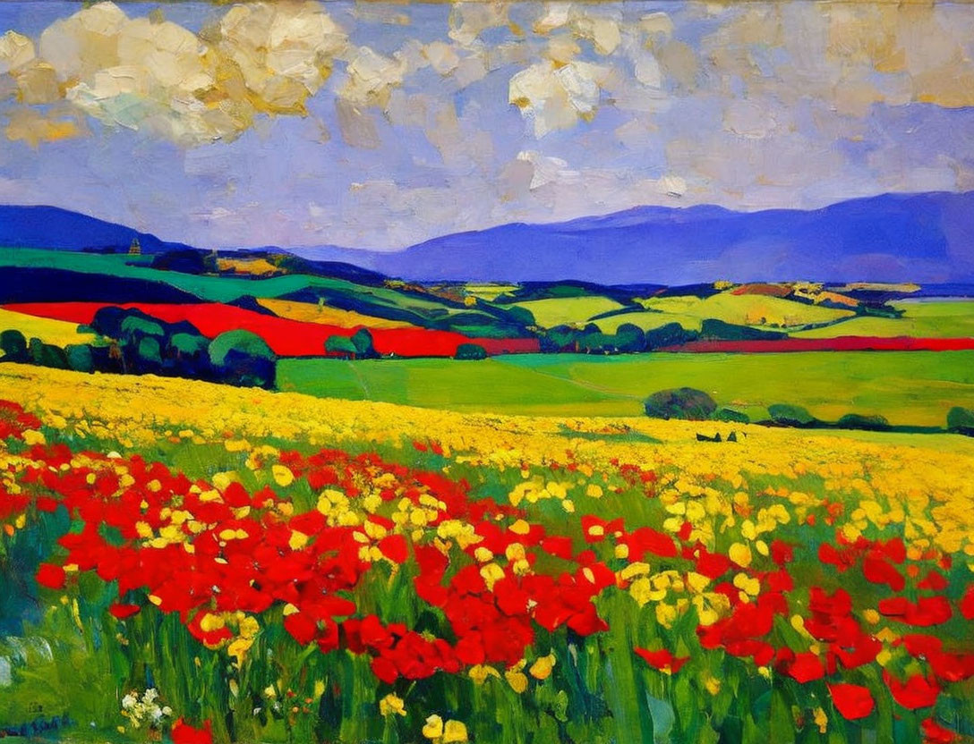 Colorful poppy field painting with rolling green hills and fluffy white clouds