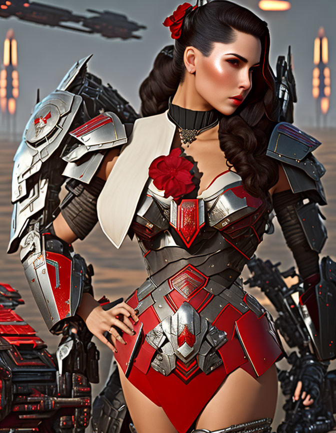 Futuristic woman in red and silver armor with mechanical arm and red flower accessory in sci-fi setting