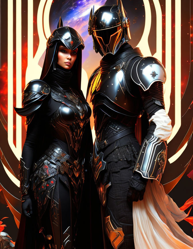 Futuristic knights in black armor against glowing backdrop