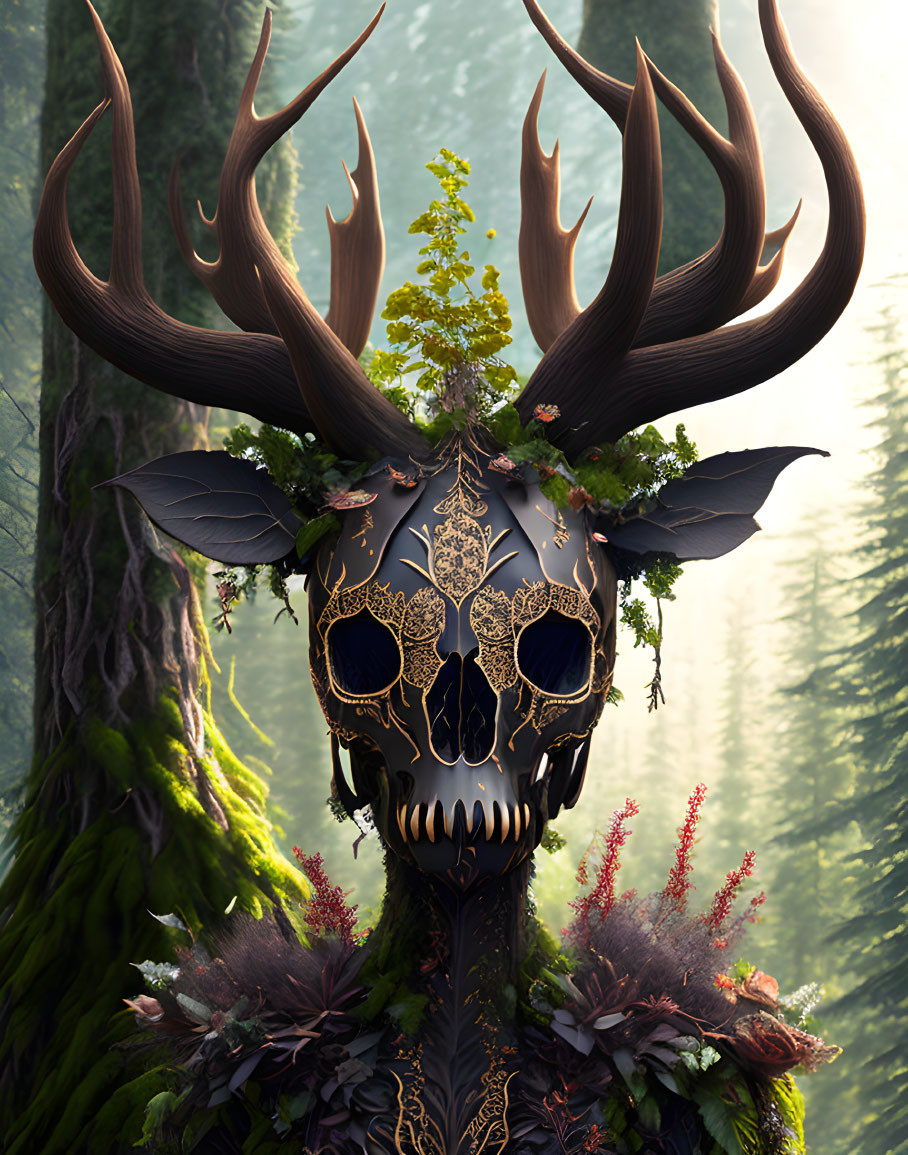 Ornate skull mask with antlers and floral details in mystical forest setting