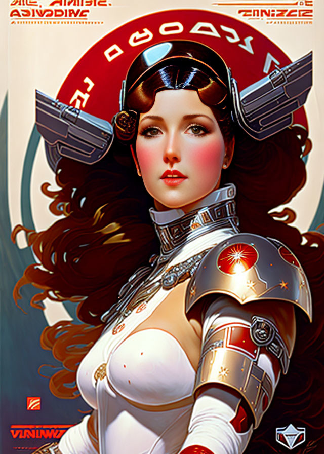 Stylized illustration of woman in futuristic armor with flowing brown hair