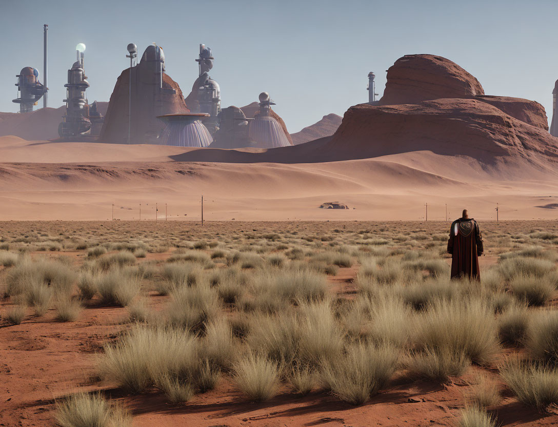 Solitary figure in cape in desert with futuristic industrial complex