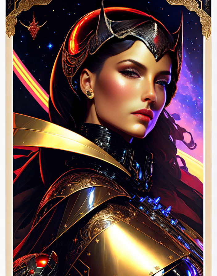 Digital portrait of a woman in black and gold armor with horned helmet and cosmic backdrop