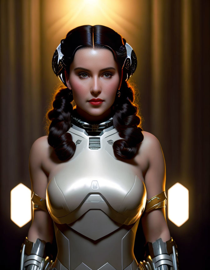 Female humanoid robot with braided hair against futuristic backdrop