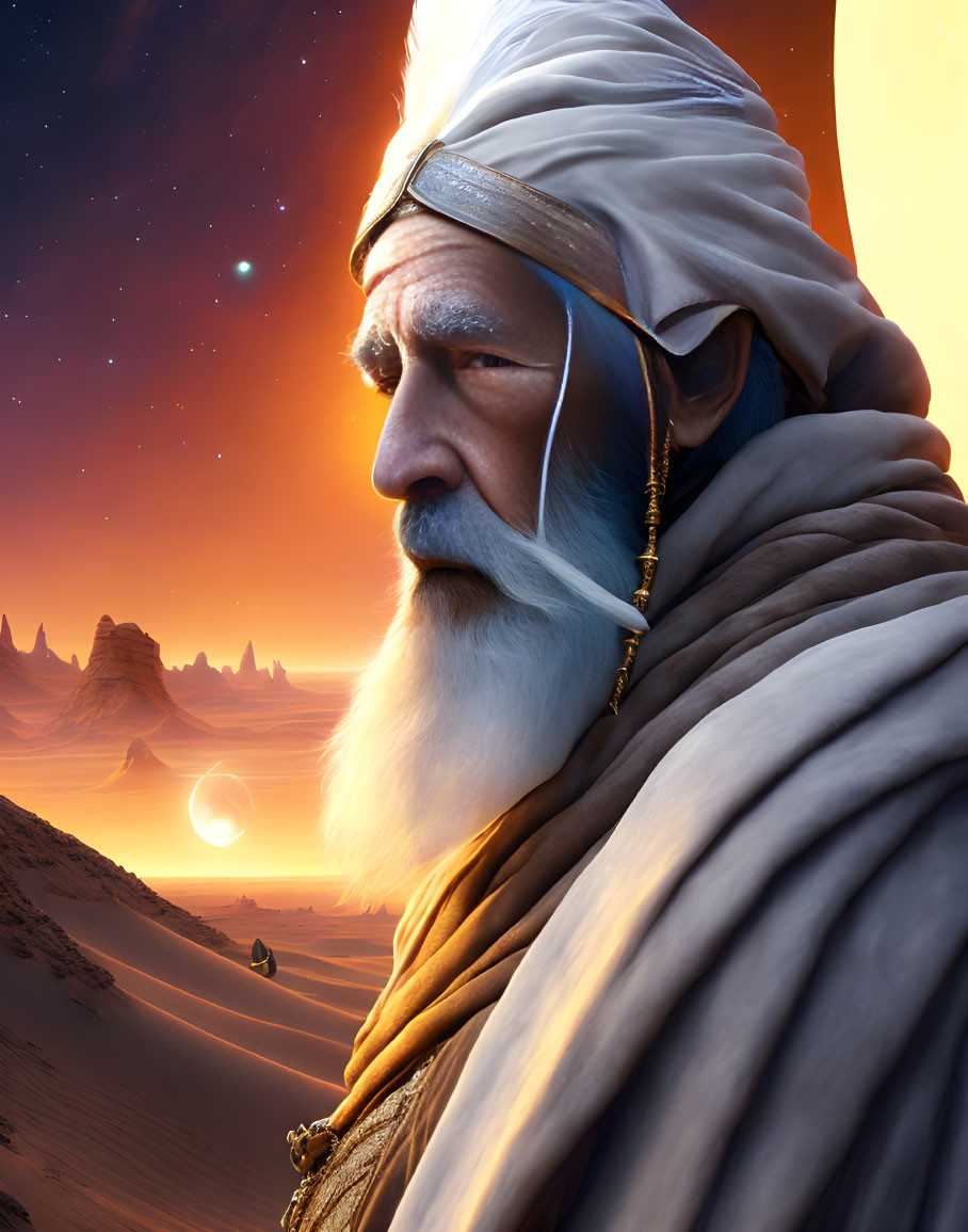 Elder in white turban gazes at desert with camels and crescent moon