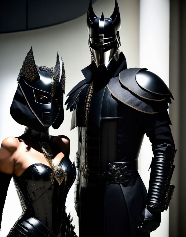 Futuristic black armor-clad individuals in close proximity.