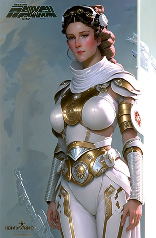 Futuristic woman in white-gold armor with ornate details on soft backdrop