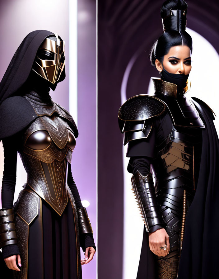 Split-image of person in futuristic black and gold armor with helmet on one side, revealing woman's face