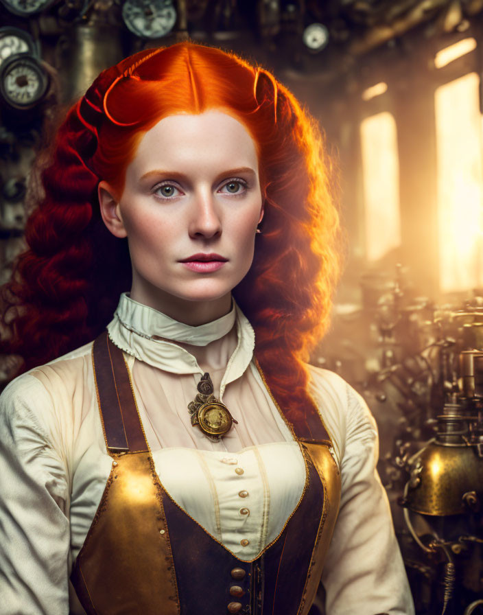 Vibrant red-haired woman in steampunk attire against gear background