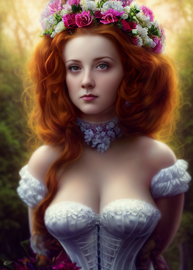 Red-haired woman in floral wreath and white corset dress in forest scene