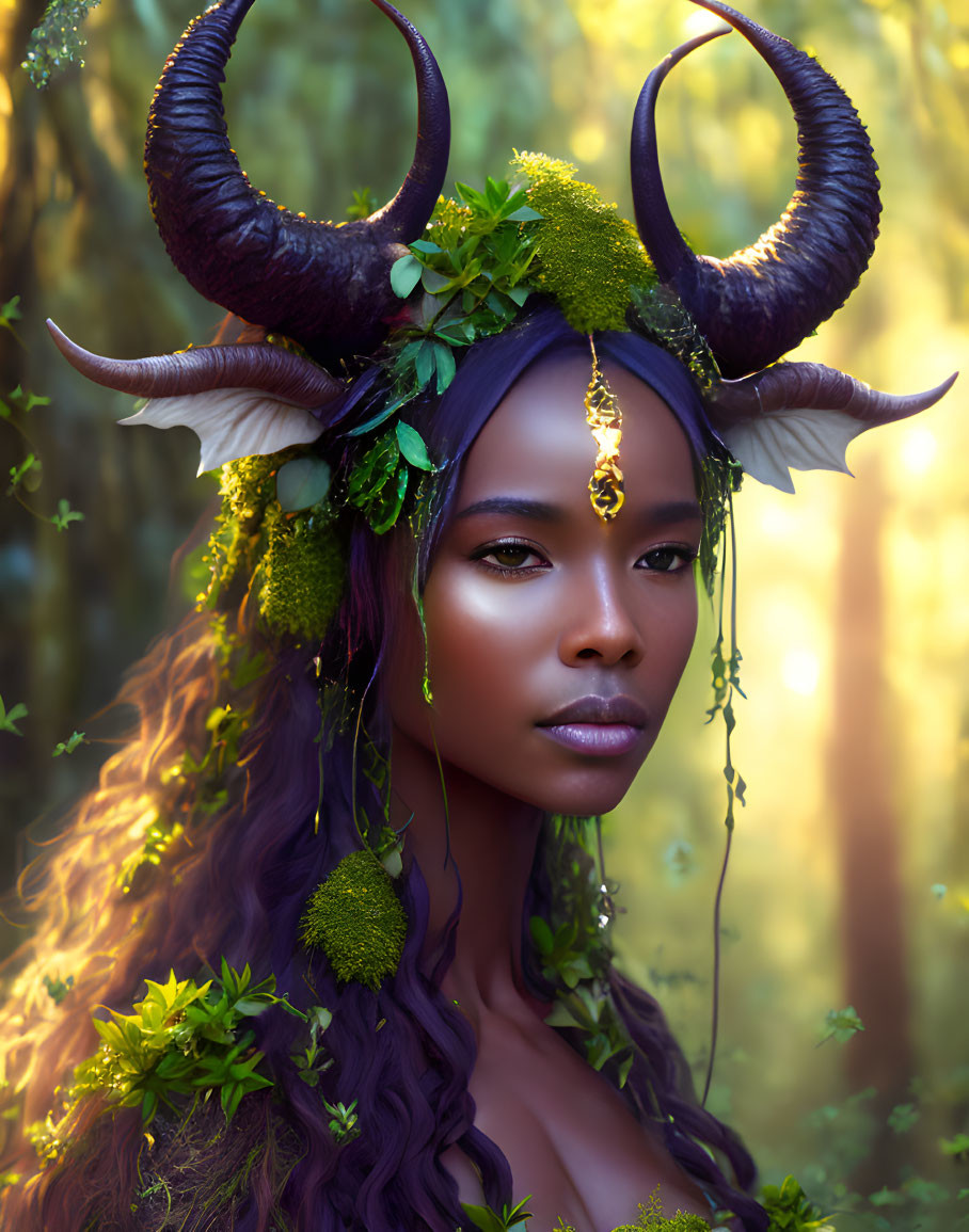 Person with Fantasy Makeup and Horned Headdress in Woodland Setting