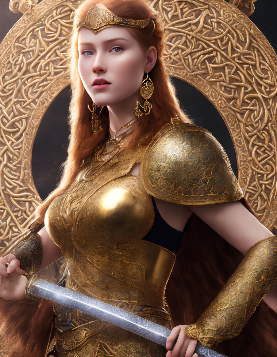 Red-haired woman in golden armor wields sword in front of intricate circular backdrop